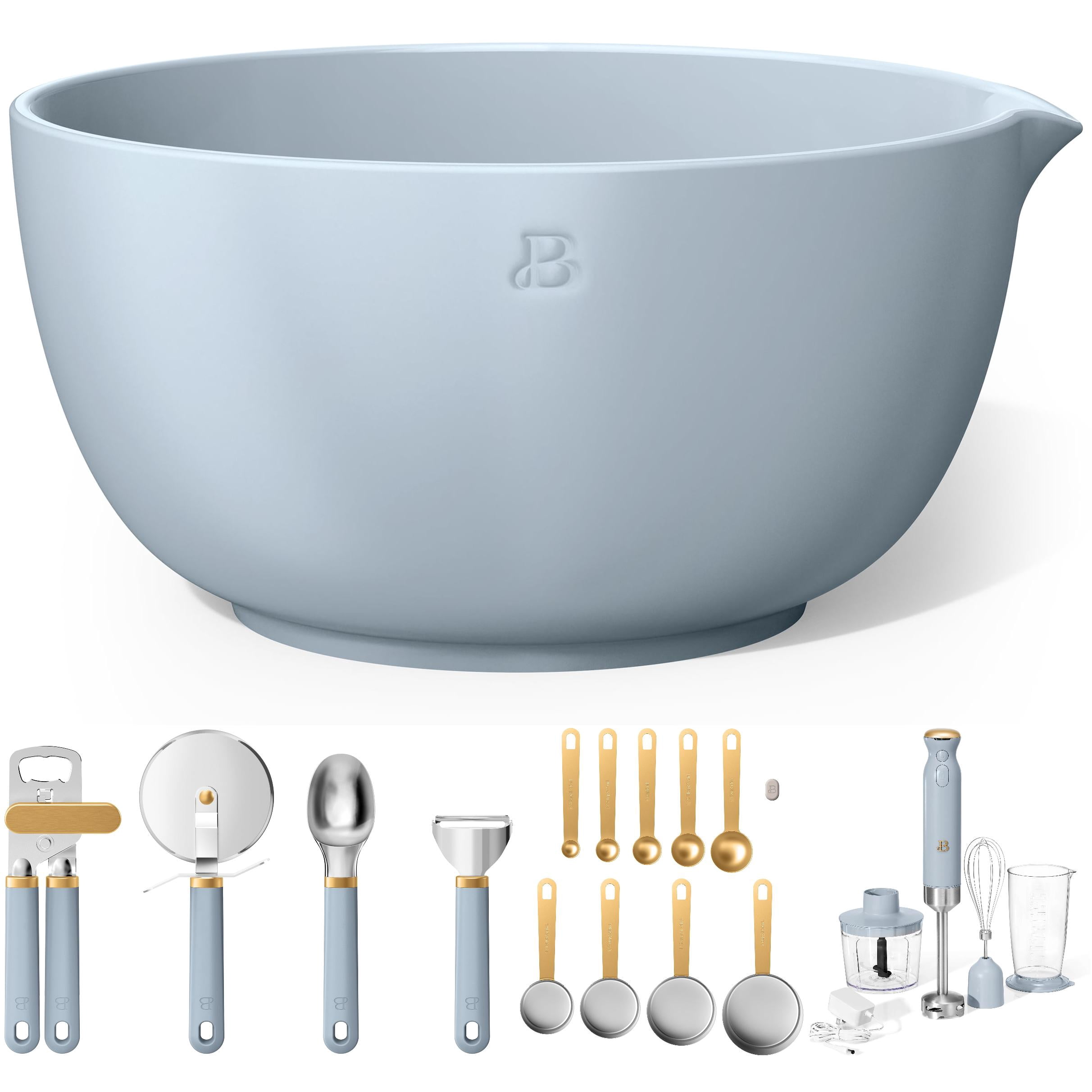 Beautiful by Drew Barrymore Complete Baking Prep Bundle, Cornflower Blue – 6-Speed Hand Mixer, Dual Stoneware Mixing Bowls & 9-Piece Measuring Set