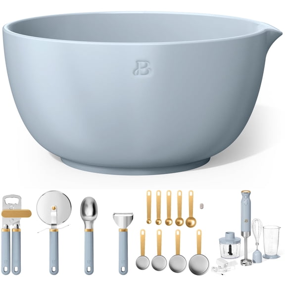 Beautiful by Drew Barrymore Complete Baking Prep Bundle, Cornflower Blue  6-Speed Hand Mixer, Dual Stoneware Mixing Bowls & 9-Piece Measuring Set