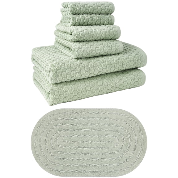Beautiful by Drew Barrymore Complete Bathroom Set Soft Cotton Towels, Oval Bath Rug, Green
