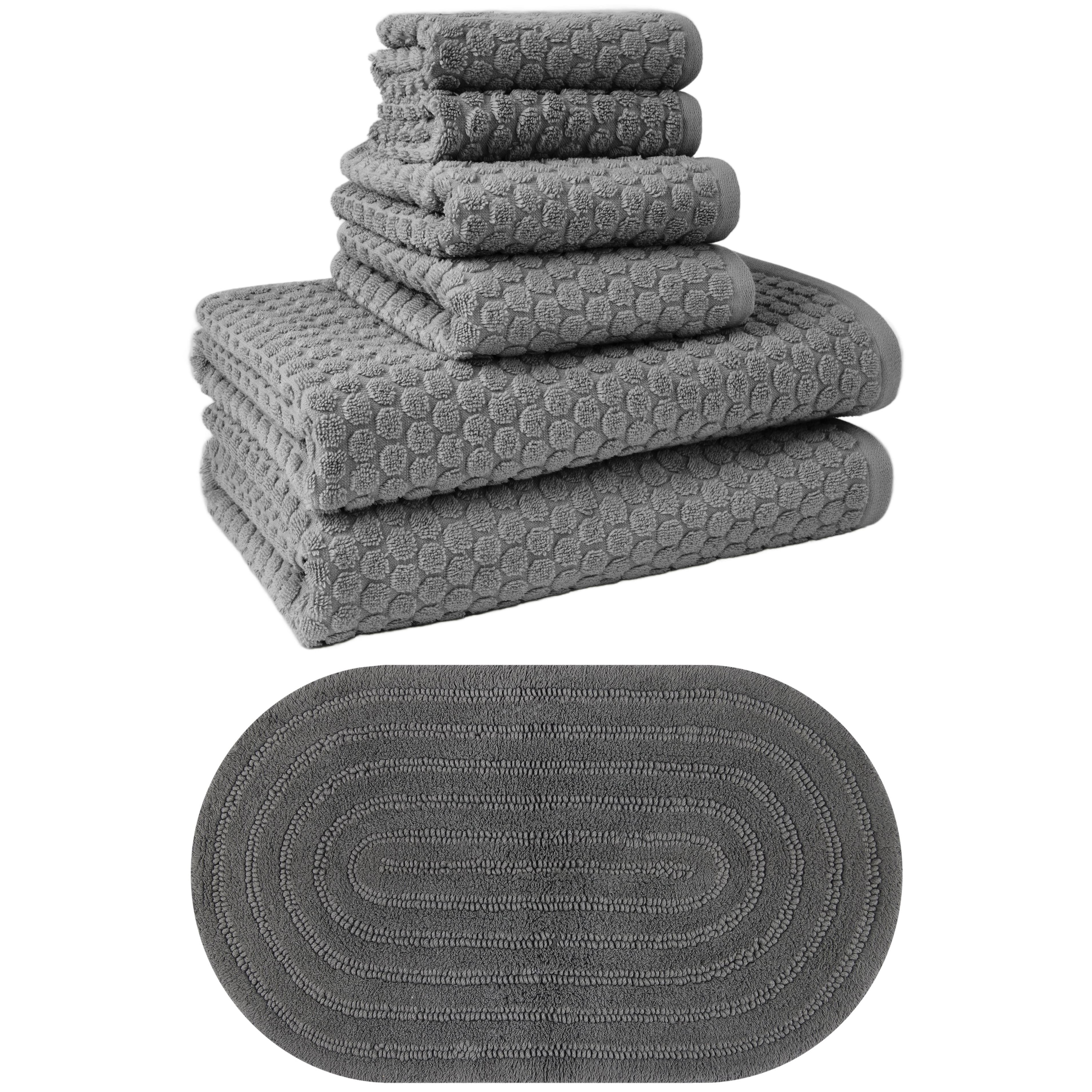 Beautiful by Drew Barrymore Complete Bathroom Set – Soft Cotton Towels, Oval Bath Rug, Grey