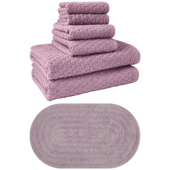 Beautiful by Drew Barrymore Complete Bathroom Set Soft Cotton Towels, Oval Bath Rug, Rose