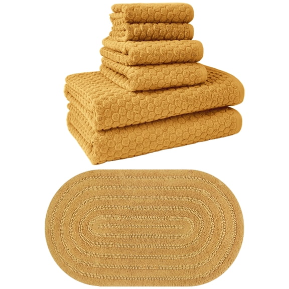 Beautiful by Drew Barrymore Complete Bathroom Set  Soft Cotton Towels, Oval Bath Rug, Yellow