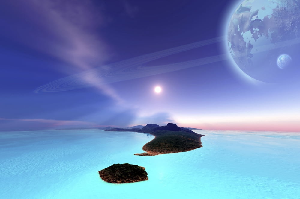 Beautiful cosmic seascape on an alien world Canvas Art - Corey FordStocktrek Images (34 x 23)