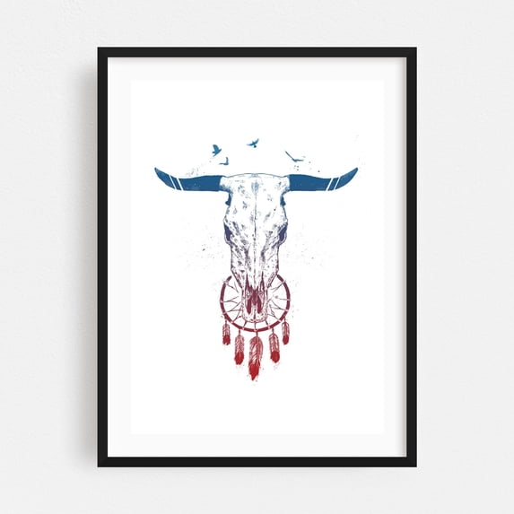 Beautiful dream - Illustration Skull Boho Abstract Rustic Western Minimalist Bird Black Framed Wall Art Print 18 x 24 inches