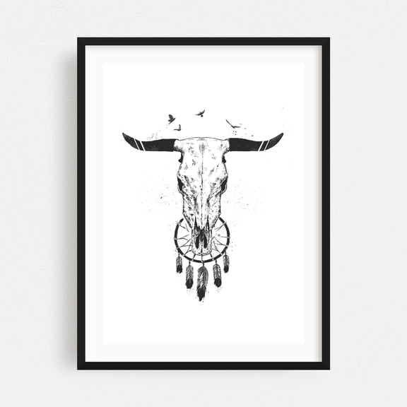 Beautiful dream bw - Illustration Skull Line Art Boho Black and White Western Minimalist Nature Black Framed Wall Art Print 24 x 36 inches