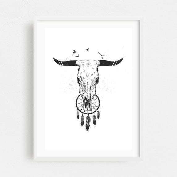 Beautiful dream bw - Illustration Skull Line Art Boho Black and White Western Minimalist Nature White Framed Wall Art Print 20 x 30 inches