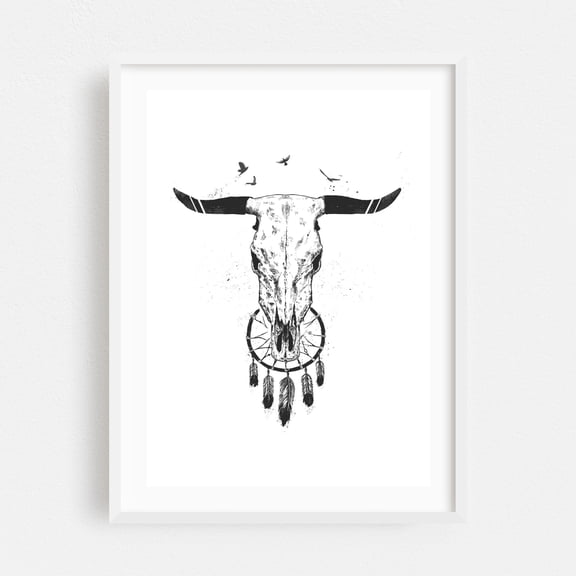 Beautiful dream bw - Illustration Skull Line Art Boho Black and White Western Minimalist Nature White Framed Wall Art Print 5 x 7 inches