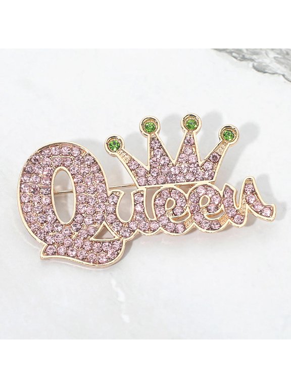 Beautiful gold, pink and green stone "QUEEN" pin-broach