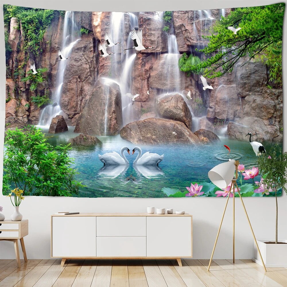 Tenture Murale Paysage Forestier Avec Cascade - Impression Nature, 100% Polyester