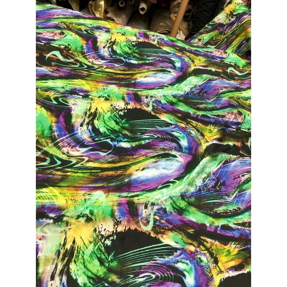 Beautiful peacock green black paint style design Printed satin fabric 54 yard sold by the yard