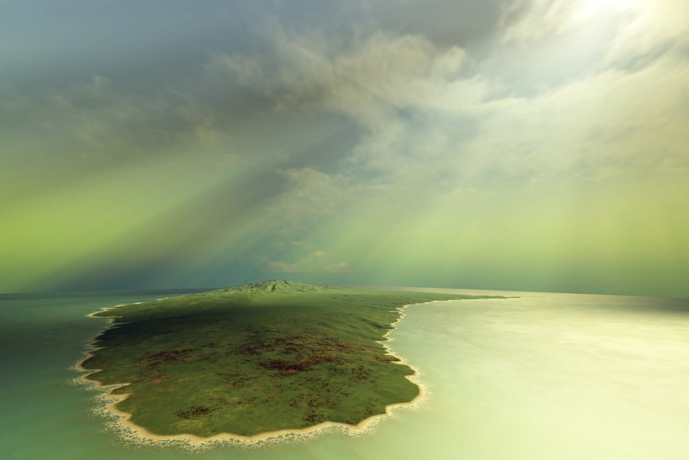 Beautiful rays of sun stream down on an island in the ocean Canvas Art - Corey FordStocktrek Images (18 x 12)