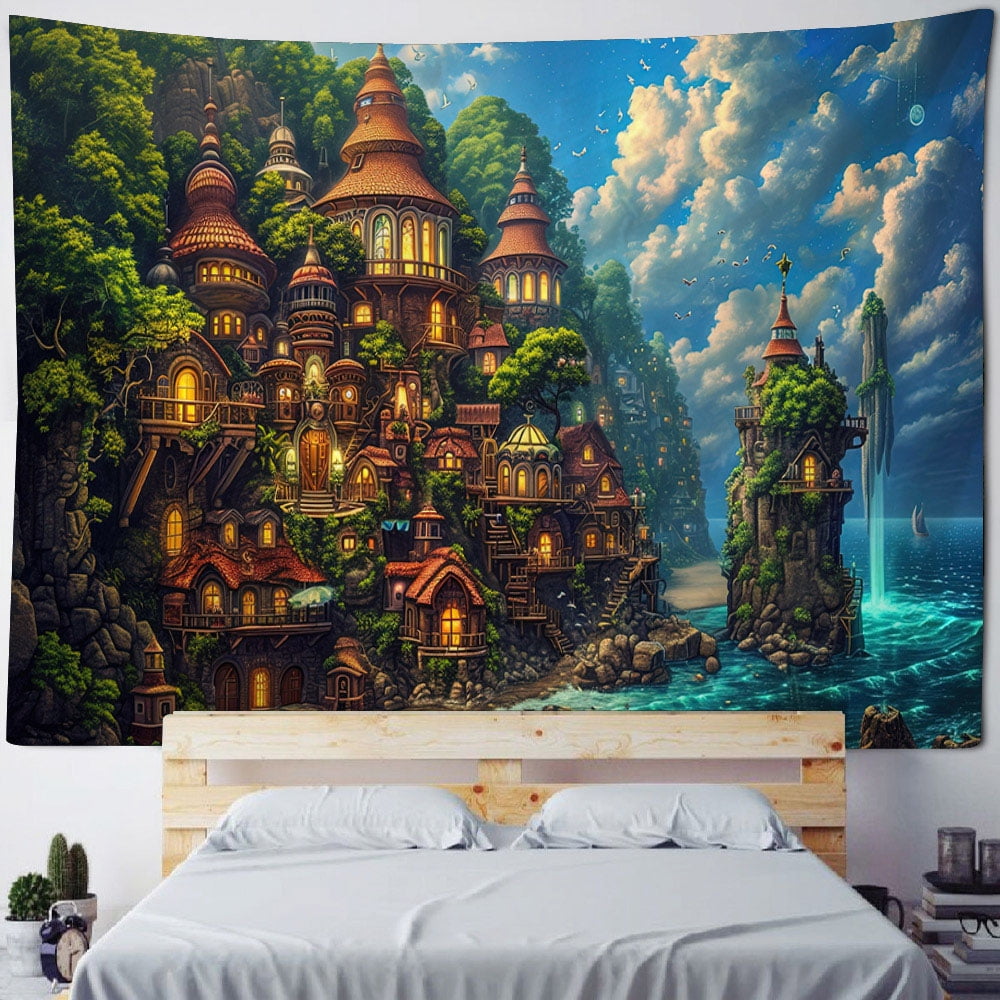 Beautiful seaside scenery tapestry wall hanging dreamy castle tapestry