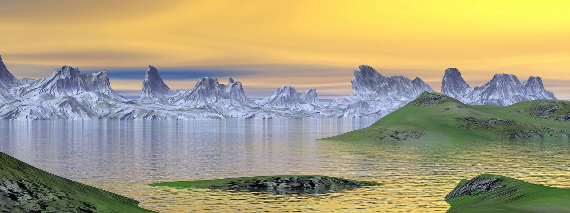 Beautiful sunset over landscape with green grass and rocky mountains Canvas Art - Elena DuvernayStocktrek Images (46 x 18)
