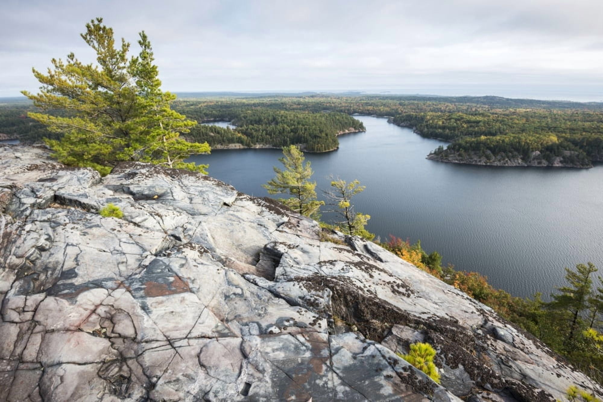 Beautiful view of a fall forest and George Lake from the mountain top Killarney Ontario Canada Canvas Art - Sergey Orlov Design Pics (38 x 24)