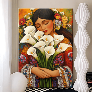 Beautiful woman holding calla lily, Mexican folk art style Poster Canvas Print Wall Art Bedroom Room Aesthetics Decoration