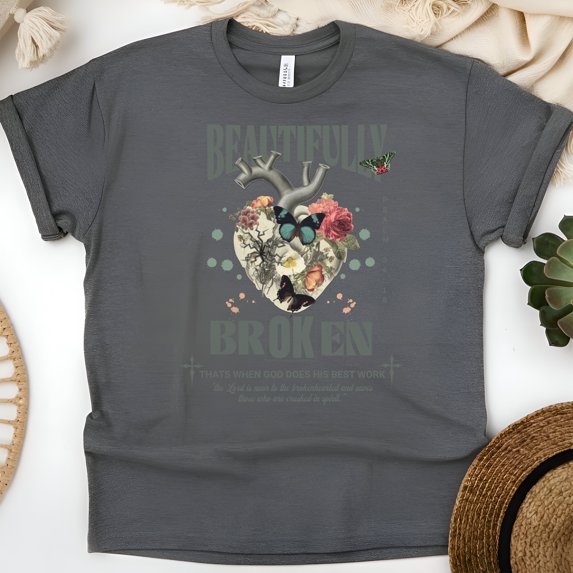 Beautifully Broken Faith Shirt for Women, Christian Scripture Tee with Heart and Butterfly Design, Dark Heather, Size 5XL