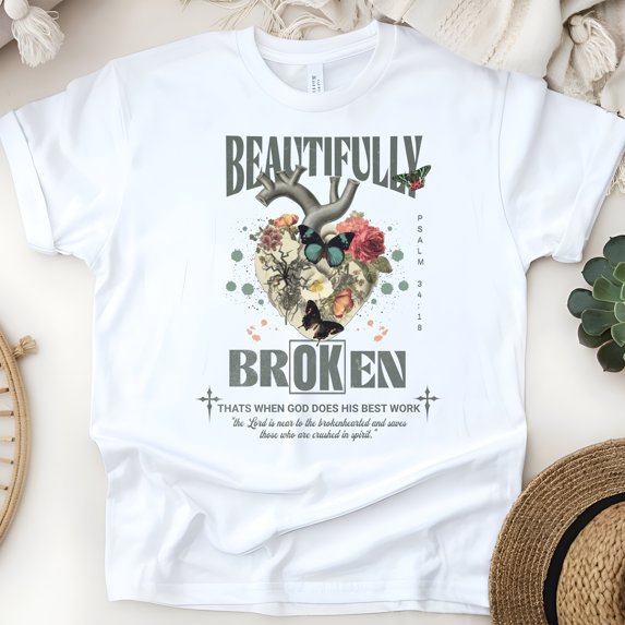Beautifully Broken Faith Shirt for Women, Christian Scripture Tee with Heart and Butterfly Design, White, Size M