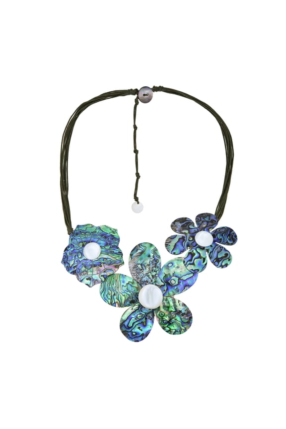 Beautifully Carved Tropical Floral Bouquet Abalone Seashell Necklace