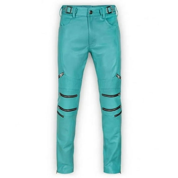 Beautifully Designed Blue Color 100% Lambskin Leather Motorcycle Atheletic Pant For Men Size -30
