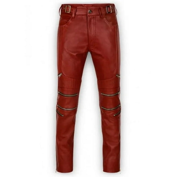 Beautifully Designed Red Color 100% Lambskin Leather Motorcycle Atheletic Pant For Men Size -28