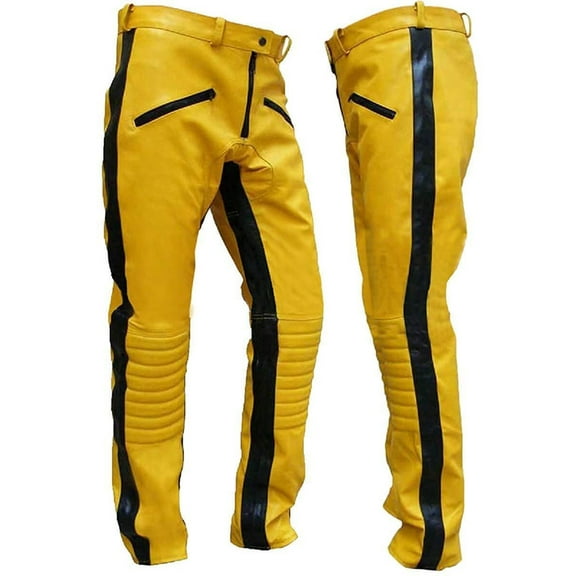 Beautifully Designed Yellow Color 100% Lambskin Leather Motorcycle Atheletic Pant For Men Size -32