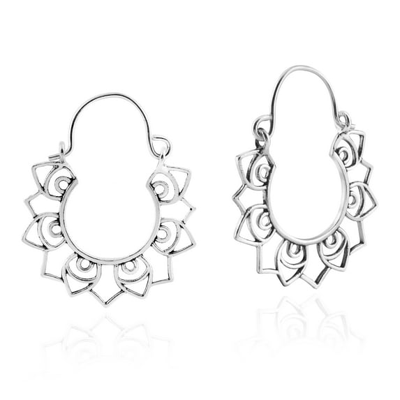 Beautifully Intricate Sun Mandela Sterling Silver Hoop-Lock Earrings