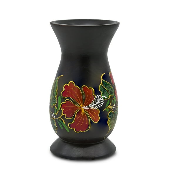 Beautifully Painted Hibiscus Flower Black Mango Tree 6-inch Wooden Bouquet Vase