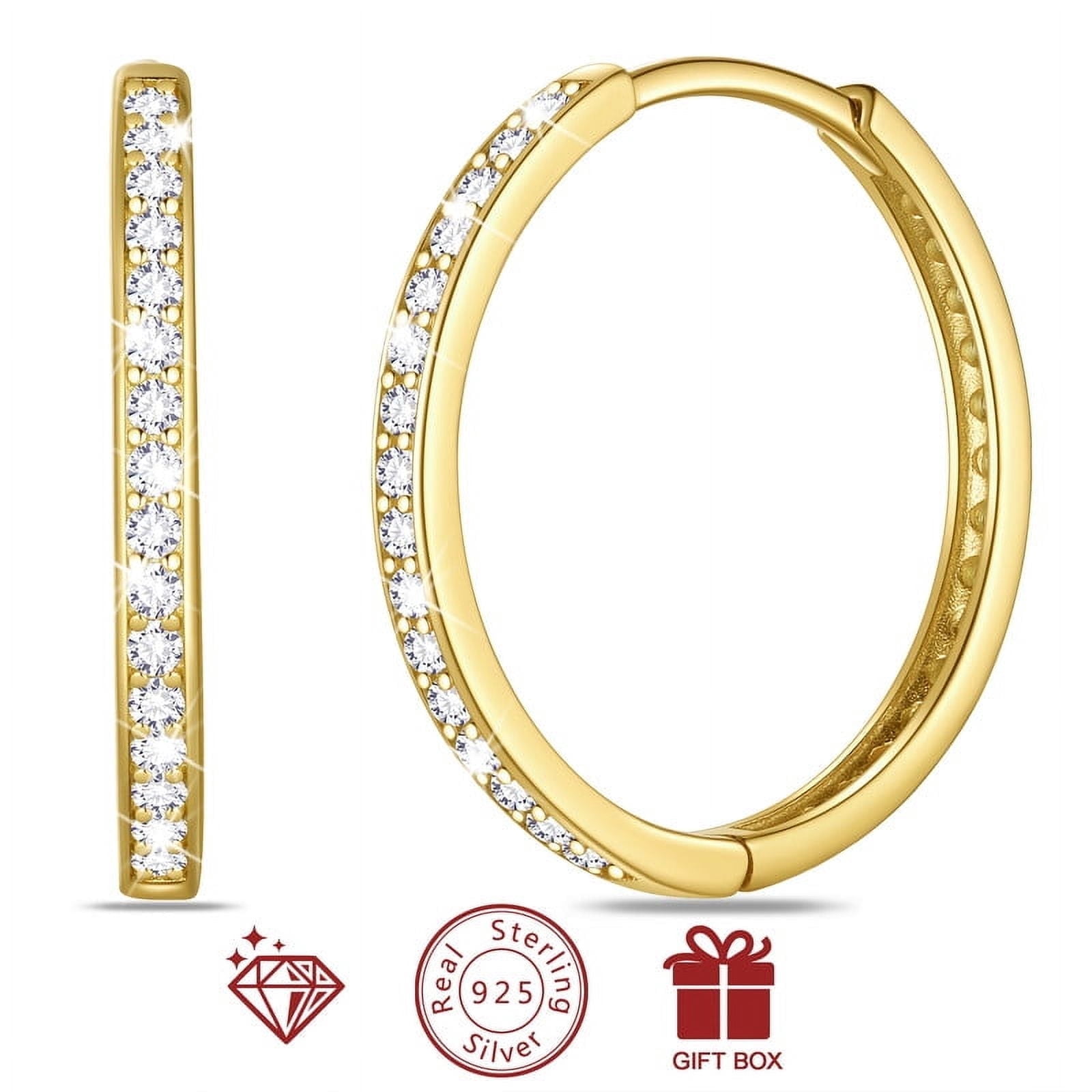 Beautlace 14k Gold over 925 Sterling Silver Hoop Earrings for Women, 24mm Classic Earrings Hoops with 5A Cubic Zirconia Christmas Birthday Jewelry Gift for Her