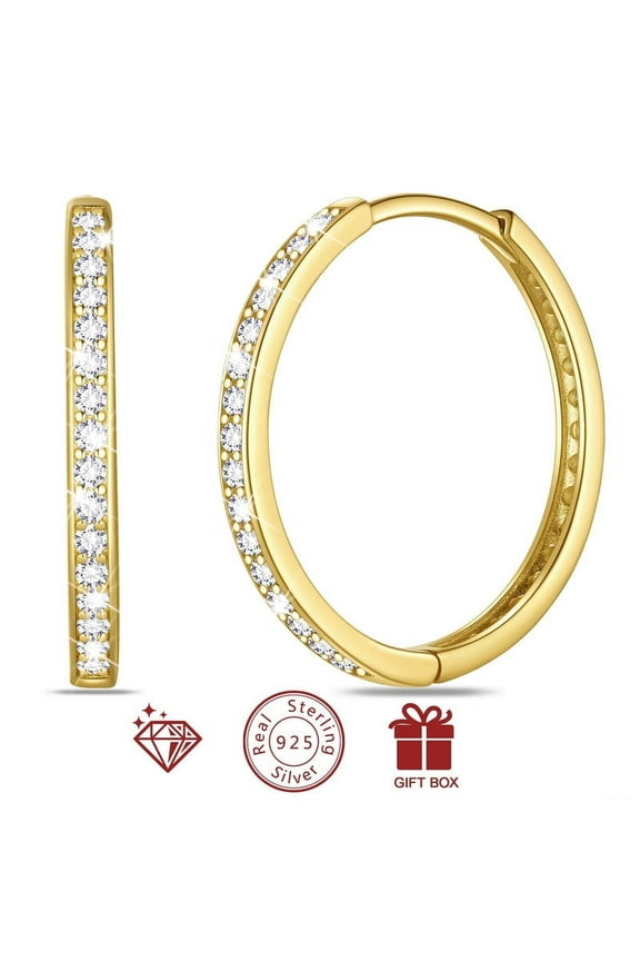 14k Gold over 925 Sterling Silver Hoop Earrings for Women, 24mm Classic Earrings Hoops with 5A Cubic Zirconia Christmas Birthday Jewelry Gift for Her