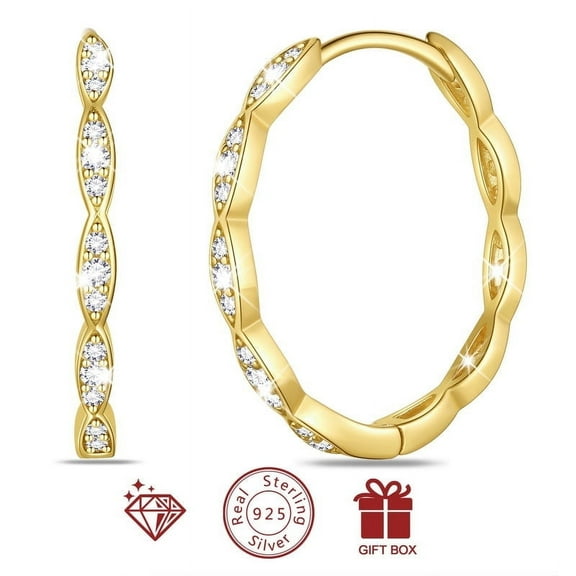 Beautlace 14k Gold over 925 Sterling Silver Hoop Earrings for Women, 24mm Twisted 925 Sterling Silver Earrings Hoops with 5A Cubic Zirconia Christmas Birthday Jewelry Gift for Her