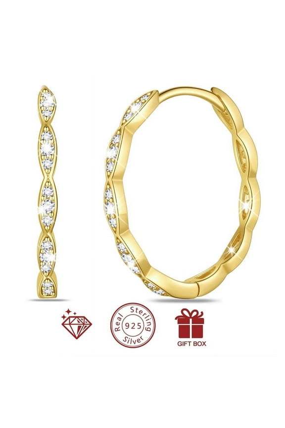 14k Gold over 925 Sterling Silver Hoop Earrings for Women, 24mm Twisted 925 Sterling Silver Earrings Hoops with 5A Cubic Zirconia Christmas Birthday Jewelry Gift for Her