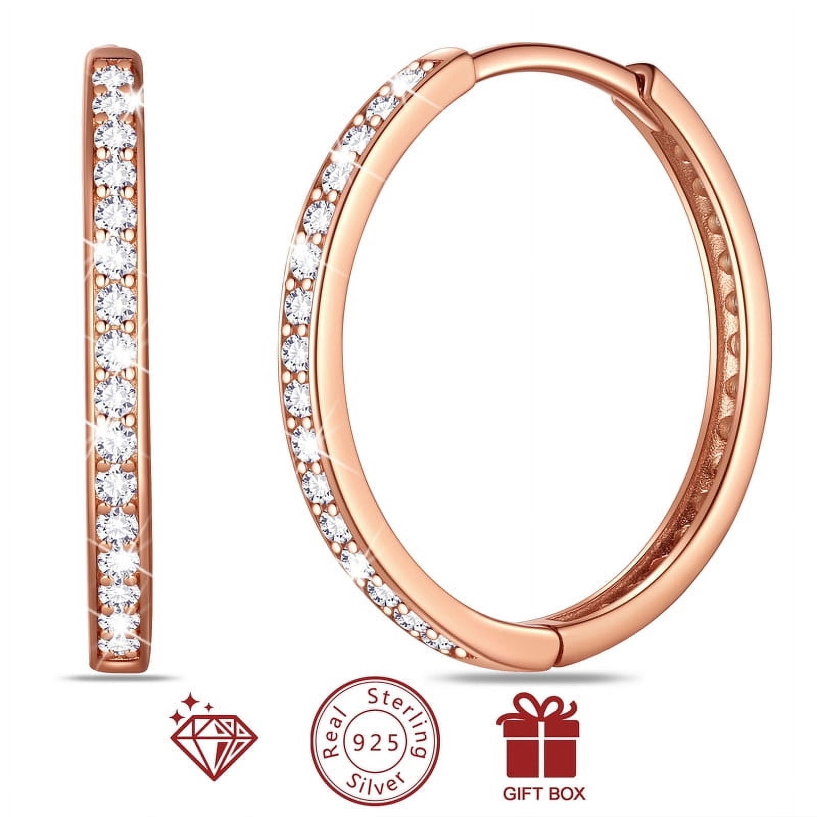 Beautlace 14k Rose Gold over 925 Sterling Silver Hoop Earrings for Women, 5A Cubic Zirconia 24mm Earrings Hoops Earrings Christmas Birthday Jewelry Gift for Her