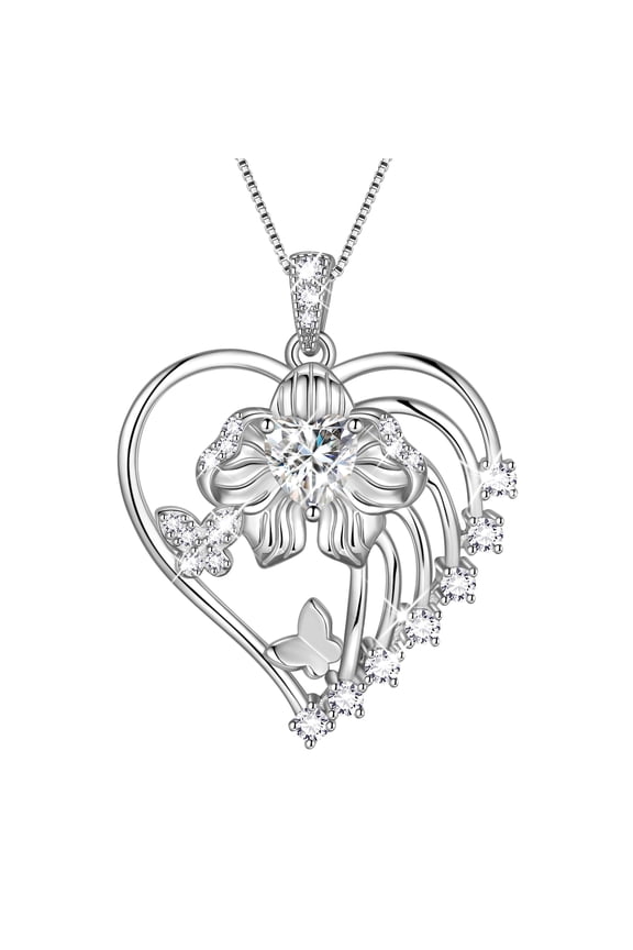 18K White Gold Plated Heart Birthstone Necklace for Women,Orchid Butterfly Pendant Jewelry Gift for Wife Mom Girlfriend,Birthday Valentine’s Day Mother’s Day Gift