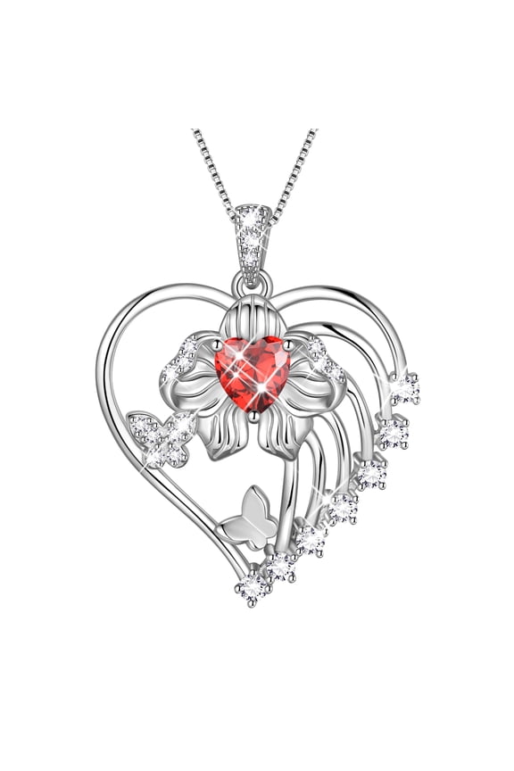 18K White Gold Plated Heart Birthstone Necklace for Women,Orchid Butterfly Pendant Jewelry Gift for Wife Mom Girlfriend,Birthday Valentine’s Day Mother’s Day Gift