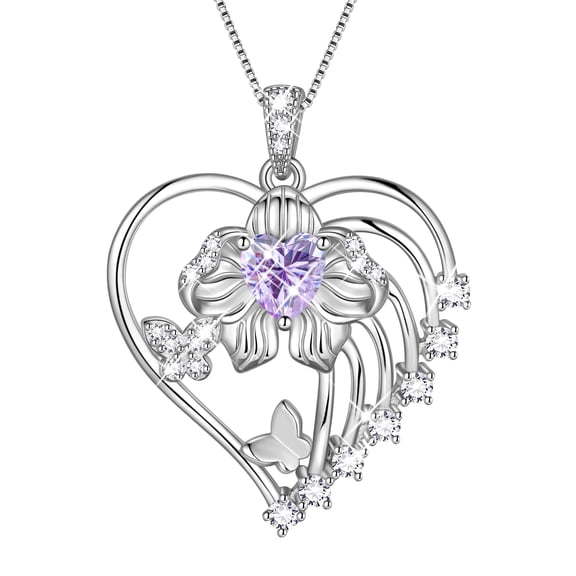 Beautlace 18K White Gold Plated Heart Birthstone Necklace for Women,Orchid Butterfly Pendant Jewelry Gift for Wife Mom Girlfriend,Birthday Valentine’s Day Mother’s Day Gift