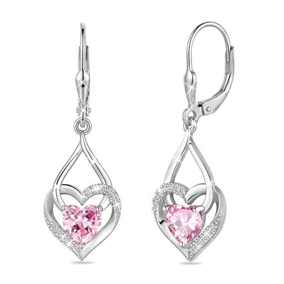 Beautlace 18K White Gold Plated Heart Drop Earrings,Love Heart October Tourmaline Birthstone Dangle Heart Earrings with CZ Birthday Christmas Valentines Mother's Day Jewelry Gifts for Women Mom Wife
