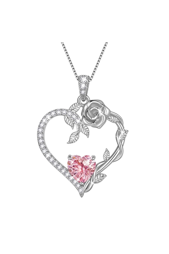 18K White Gold Plated Heart Rose Birthstone Necklace for Women,Crystal Pendant Jewelry Gift for Wife Mom Girlfriend,Birthday Valentine’s Day Mother’s Day Gift