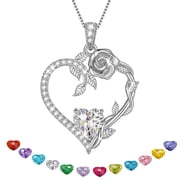 18K White Gold Plated Heart Rose Necklace for Women,April White Crystal Birthstone Pendant Birthday Valentine’s Day Christmas Jewelry Gift for Wife Mom Girlfrie