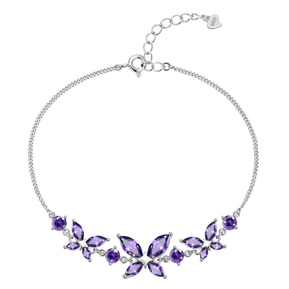 Beautlace 18K White Gold over Silver Butterfly Gemstone Bracelet,Adjustable February Amethyst Birthstone Bracelet Charms Jewelry Birthday Christmas Valentines Gifts for Women