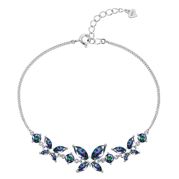 Beautlace 18K White Gold over Silver Butterfly Gemstone Bracelet,Adjustable Mystic Topaz Multi-color Birthstone Bracelet Charms Jewelry Birthday Christmas Valentines Gifts for Women