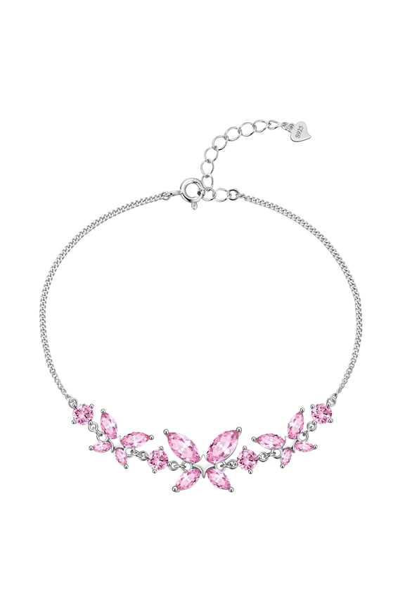 18K White Gold over Silver Butterfly Gemstone Bracelet,Adjustable October Tourmaline Pink Birthstone Bracelet Charms Jewelry Birthday Christmas Valentines Gifts for Women