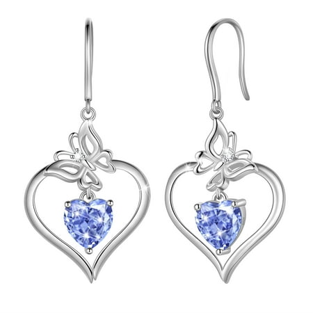 Beautlace 18K White Gold over Stering Silver Butterfly Dangle Drop Earrings,December Birthstone Heart Hook Earrings Jewelry Birthday Christmas Valentines Mothers Day Gifts for Women Mom