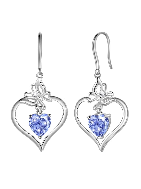 18K White Gold over Stering Silver Butterfly Dangle Drop Earrings,December Birthstone Heart Hook Earrings Jewelry Birthday Christmas Valentines Mothers Day Gifts for Women Mom