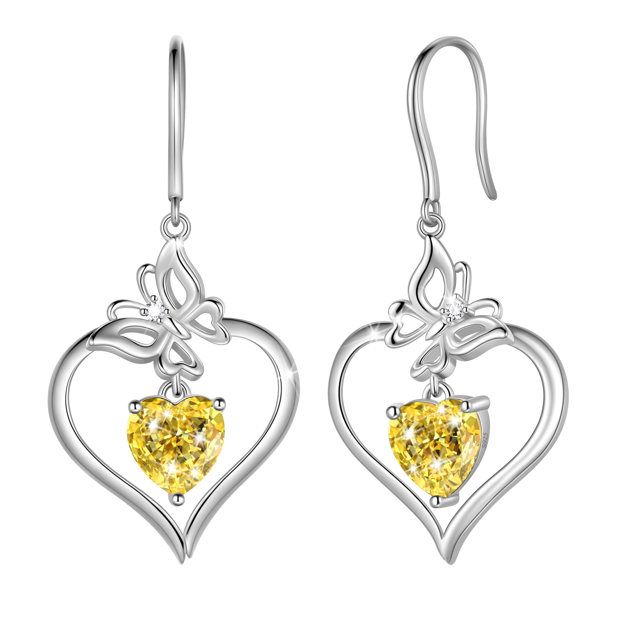 Beautlace 18K White Gold over Stering Silver Butterfly Dangle Drop Earrings,November Birthstone Heart Hook Earrings Jewelry Birthday Christmas Valentines Mothers Day Gifts for Women Mom