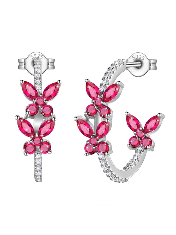 18K White Gold over Stering Silver Butterfly Hoop Earrings,July Ruby Birthstone Studs Earrings Jewelry Birthday Christmas Valentines Gifts for Women