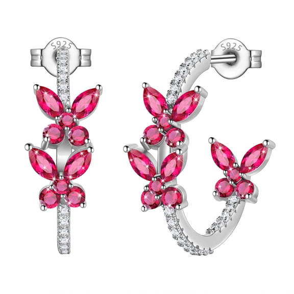 Beautlace 18K White Gold over Stering Silver Butterfly Hoop Earrings,July Ruby Birthstone Studs Earrings Jewelry Birthday Christmas Valentines Gifts for Women