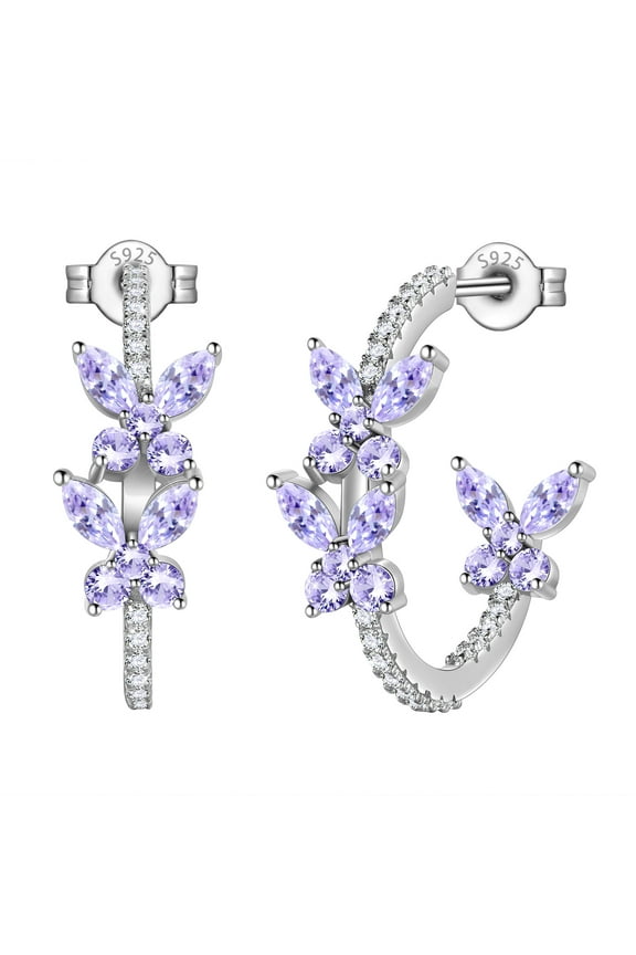 18K White Gold over Stering Silver Butterfly Hoop Earrings,June Alexandrite Birthstone Studs Earrings Jewelry Birthday Christmas Valentines Gifts for Women
