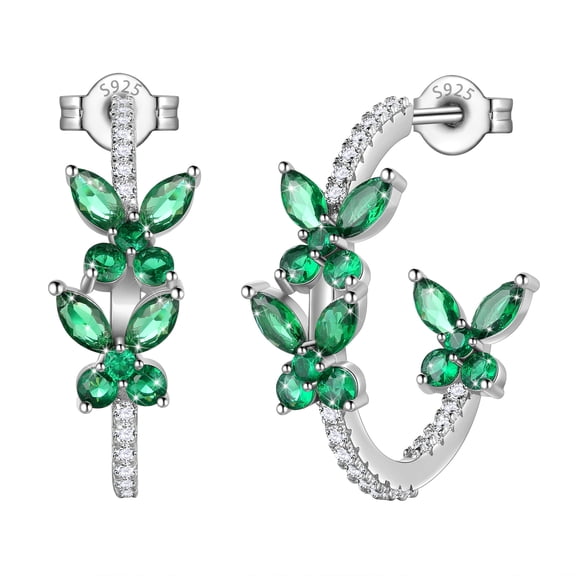 Beautlace 18K White Gold over Stering Silver Butterfly Hoop Earrings,May Emerald Birthstone Studs Earrings Jewelry Birthday Christmas Valentines Gifts for Women