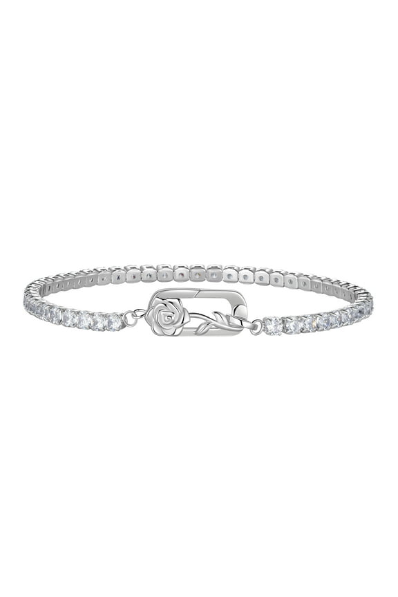 18k White Gold Plated 925 Sterling Silver Rose Tennis Bracelet,3mm CZ Classic Tennis Bracelets Wedding Bridal Fine Jewelry Anniversary Birthday Gift for Women 7 Inch