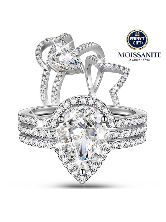 2 Carat Moissanite Engagement Ring Set | 18K White Gold over Silver Wedding Bridal Rings Jewelry Gifts for Women | Womens Pear Engagement Ring | Size 7